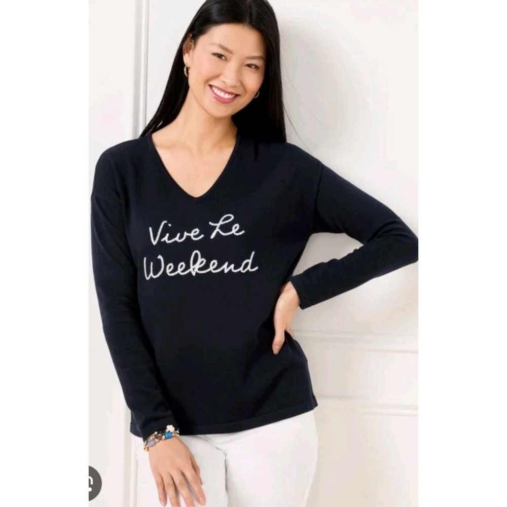 Talbots NWT Vive Le Weekend V-Neck Pullover Blouse Navy Blue Petite Large PL